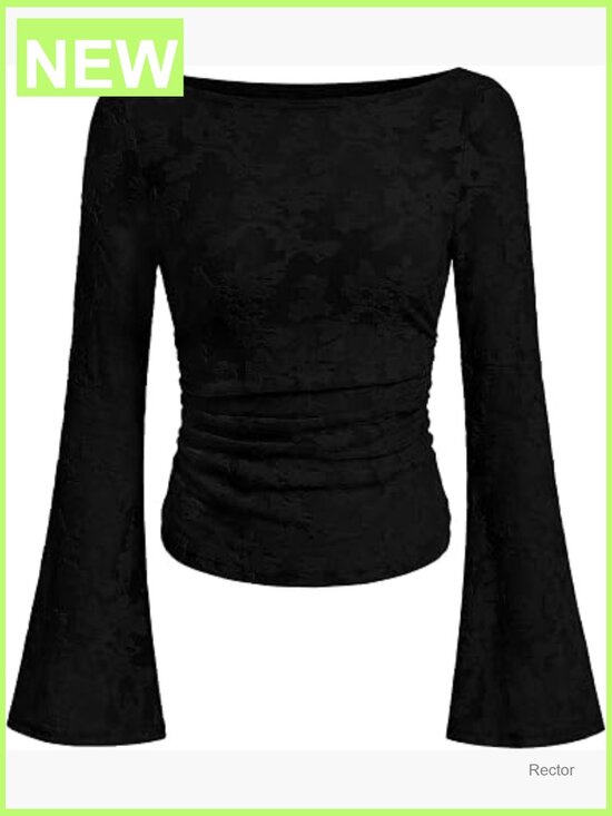 Tops - Women's Bell Sleeve Crop Top Floral Mesh Blouse Boat Neck Slim Fit